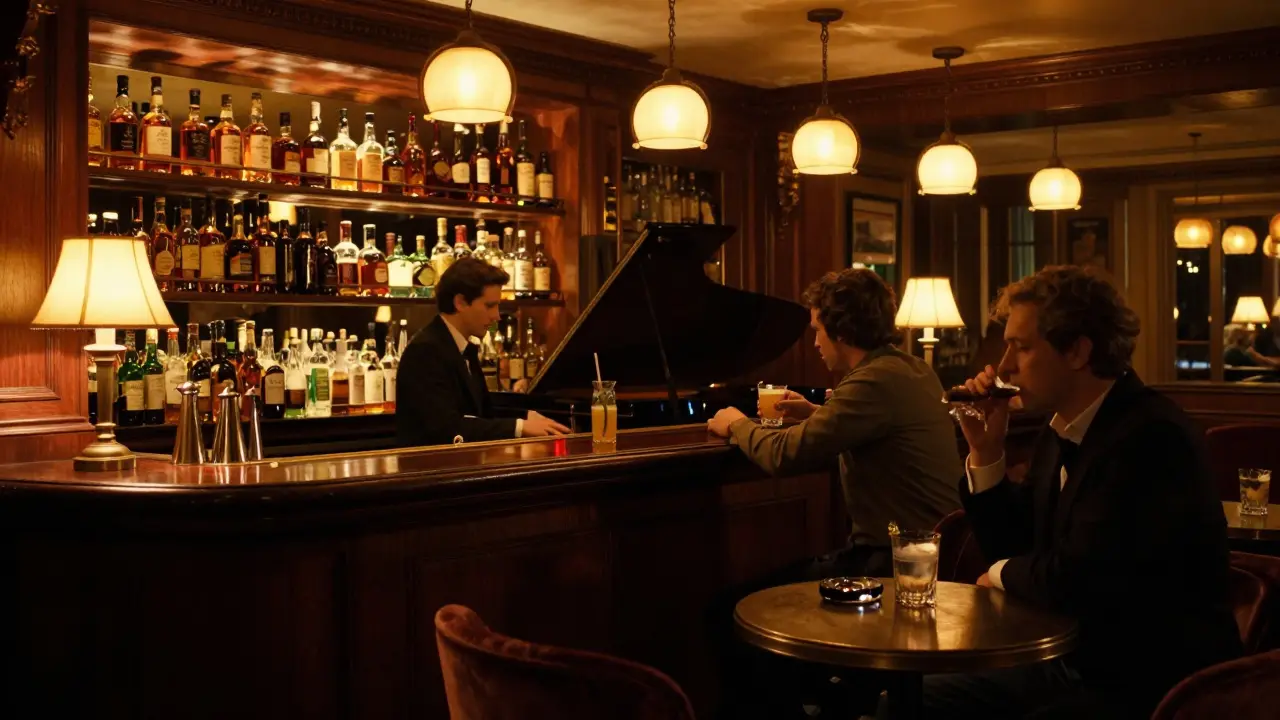 A quiet bar interior with whiskey bottles, a jazz pianist, and patrons sipping cocktails in velvet booths.