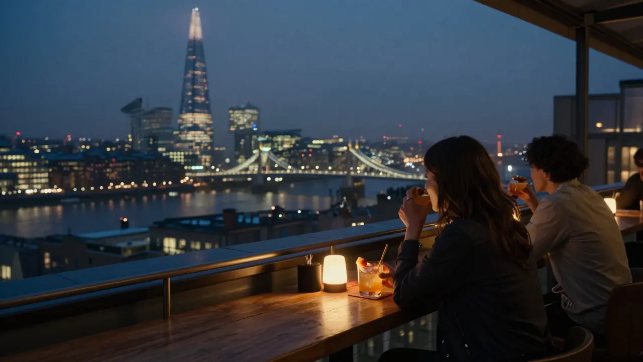 A quiet rooftop bar at night with city lights and the Thames glowing in the distance.
