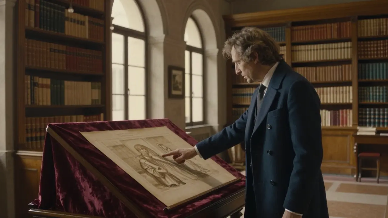 A refined companion showing a Renaissance sketch in a private historic library in Milan.