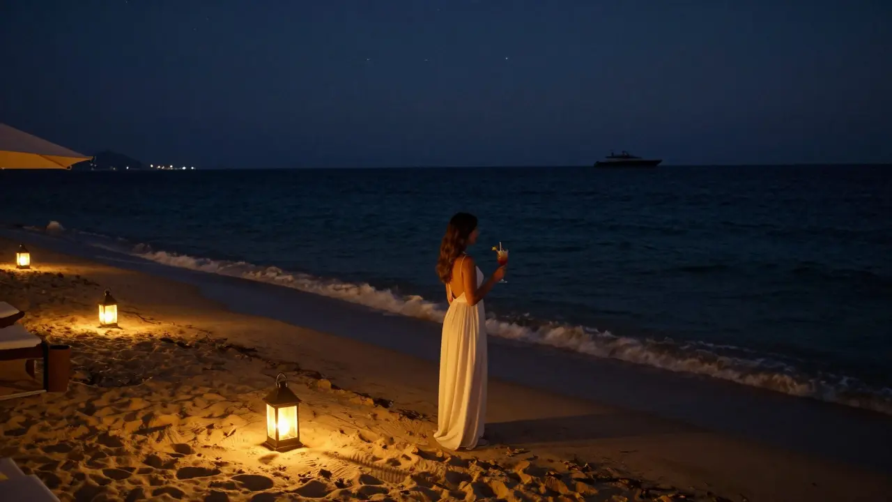 A solitary figure on a private beach at night, lit by lanterns with the Mediterranean glowing behind.