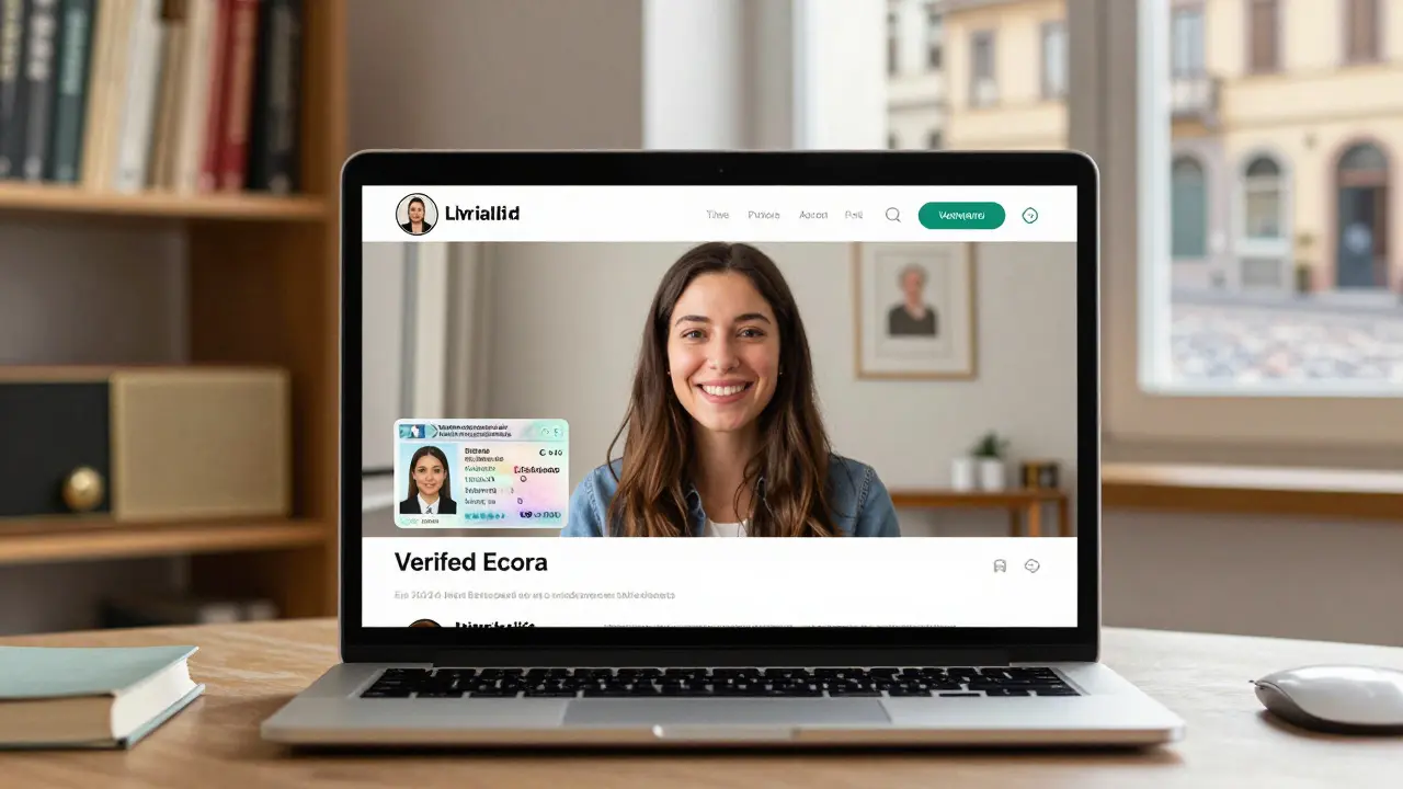 A verified escort profile showing a live video call with government ID visible beside her in a Milanese apartment.