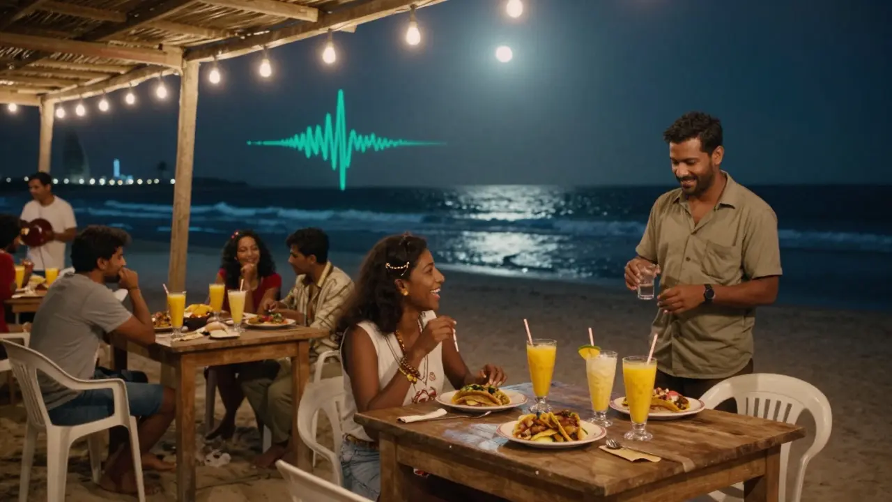 A vibrant beach shack at night with people laughing, music in the air, and ocean waves under moonlight.