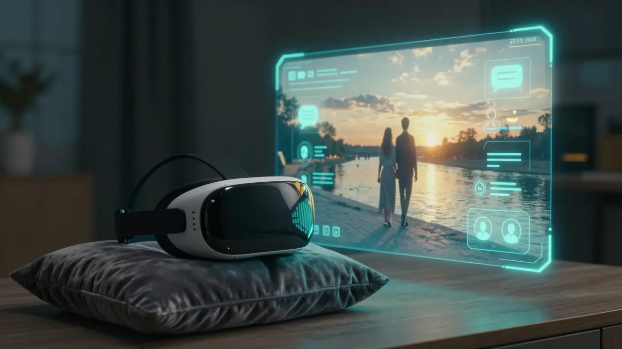 A VR headset and holographic projection of a couple walking by a river, symbolizing AI-powered emotional companionship.