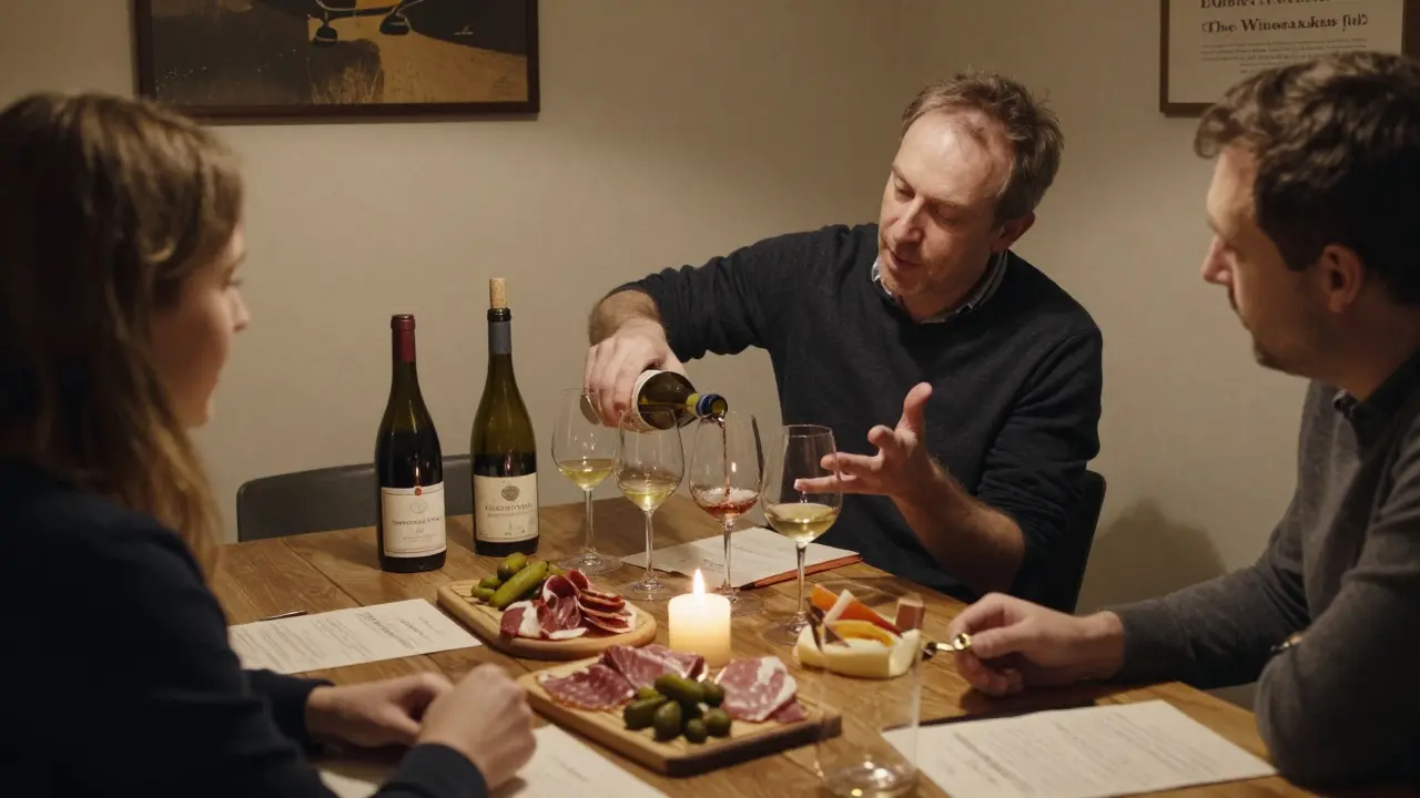 A winemaker shares stories over five glasses of wine at an intimate tasting in Islington, with charcuterie and handwritten notes nearby.