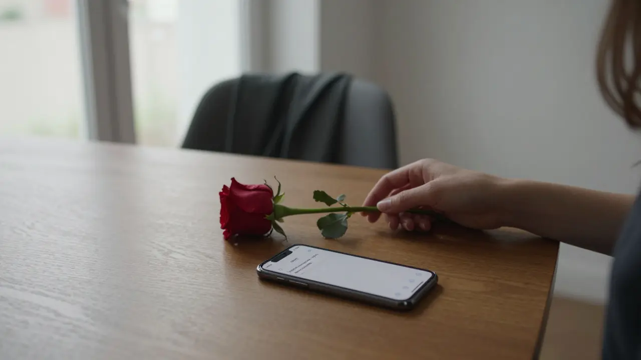 A woman's hands place a rose beside an encrypted phone on a wooden table, hinting at a discreet meeting.