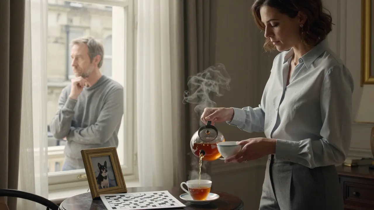 A woman pours tea in a Mayfair apartment as a man gazes out the window, morning light revealing subtle details of daily life.