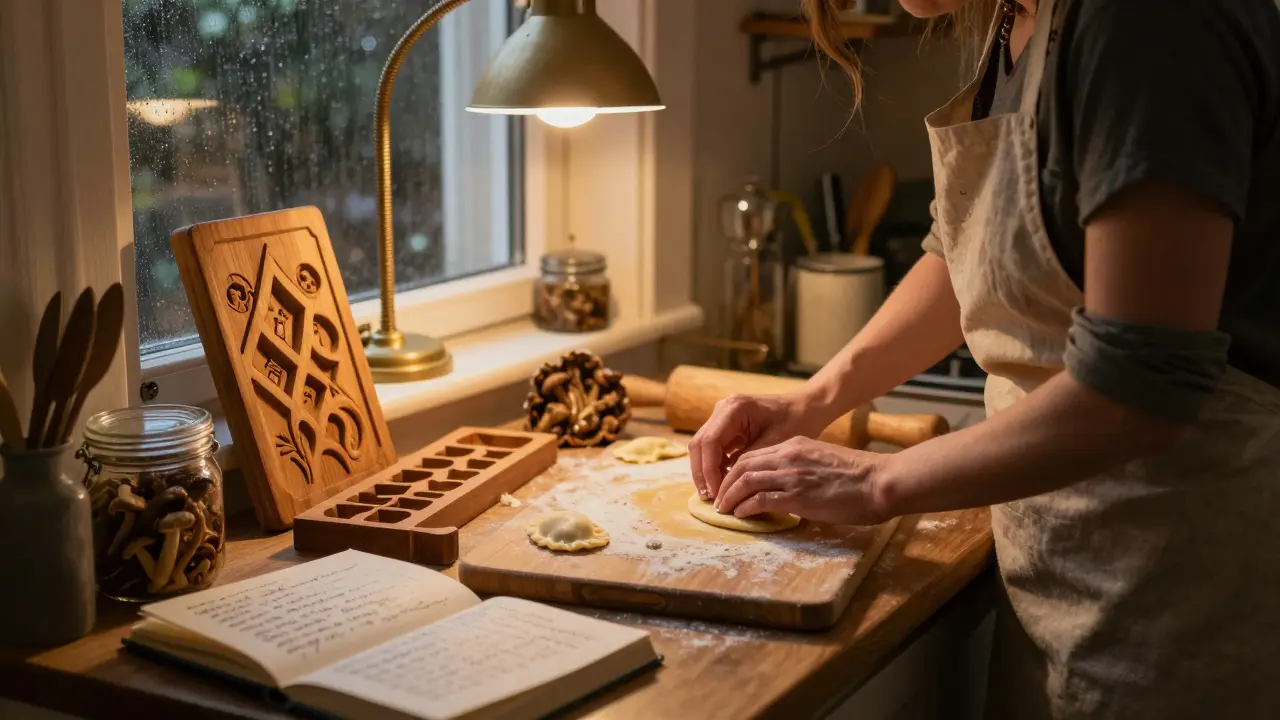 A woman shaping pierogi in a cozy London kitchen with a wooden mold, mushrooms, and a handwritten recipe under warm light.