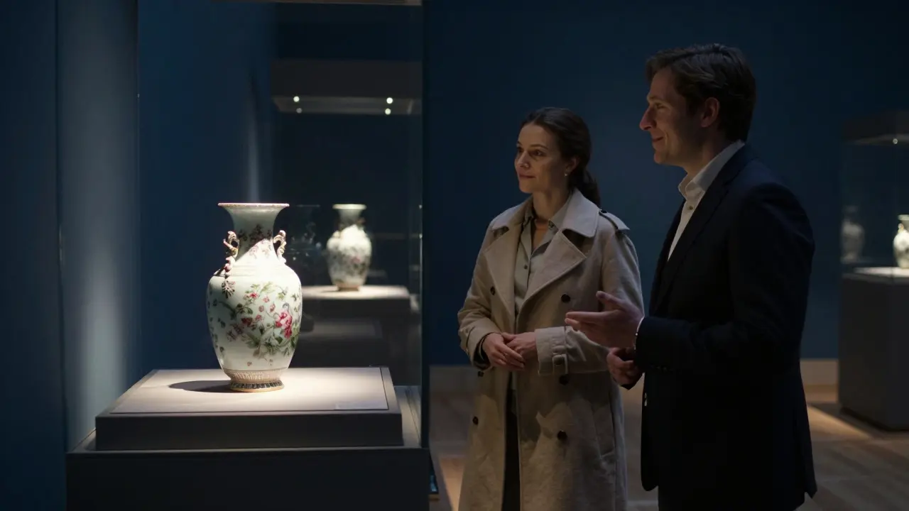 A woman viewing porcelain art in a quiet, spotlighted corner of the Victoria and Albert Museum with a curator nearby.