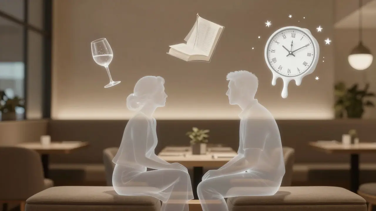 Abstract representation of human connection in a Dubai lounge, with symbolic elements of conversation, culture, and time.