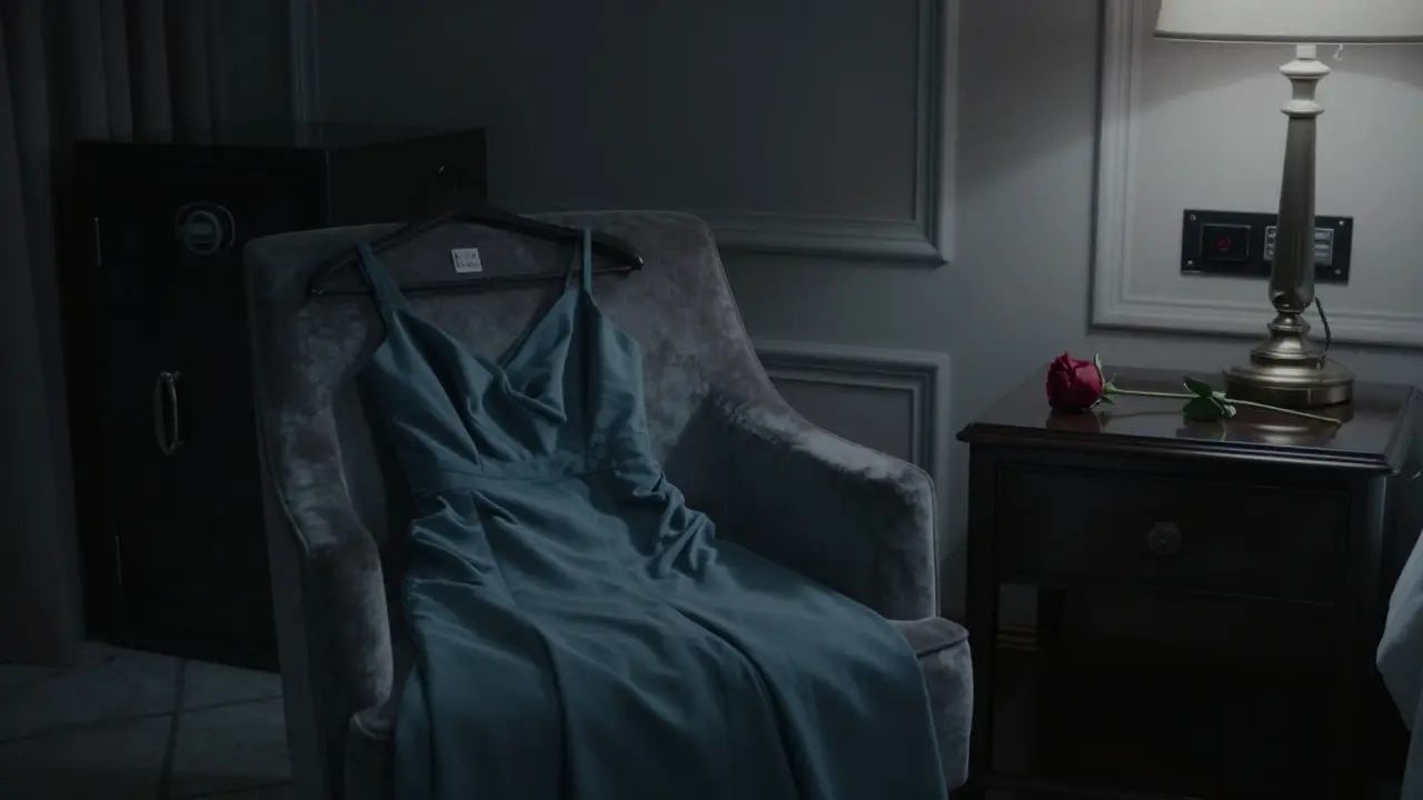 An empty luxury hotel suite with a folded evening dress and a rose on the nightstand, suggesting a discreet, respectful encounter.