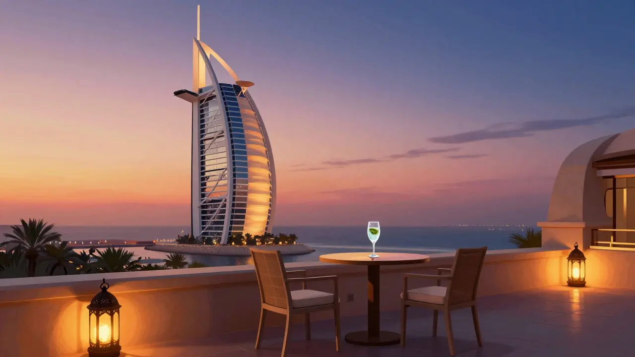 An empty terrace at Al Muntaha at sunset with the Burj Al Arab in the distance, glowing in golden light.