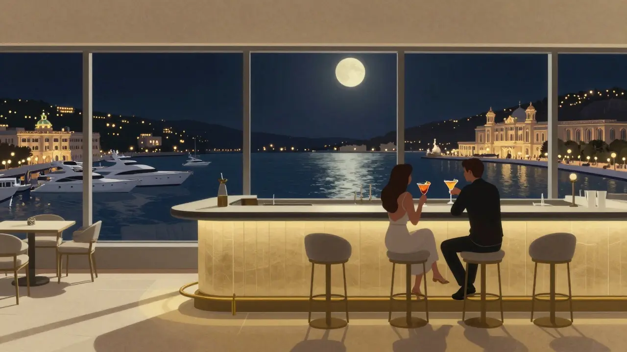 Couples enjoying cocktails at Sky Bar with yachts and moonlit harbor view