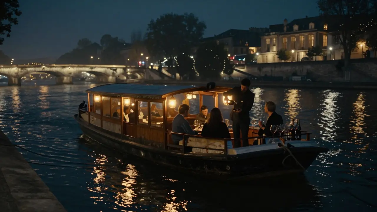 Floating wooden barge on the Seine at night, lantern-lit, wine glasses reflecting star-like city lights on water.