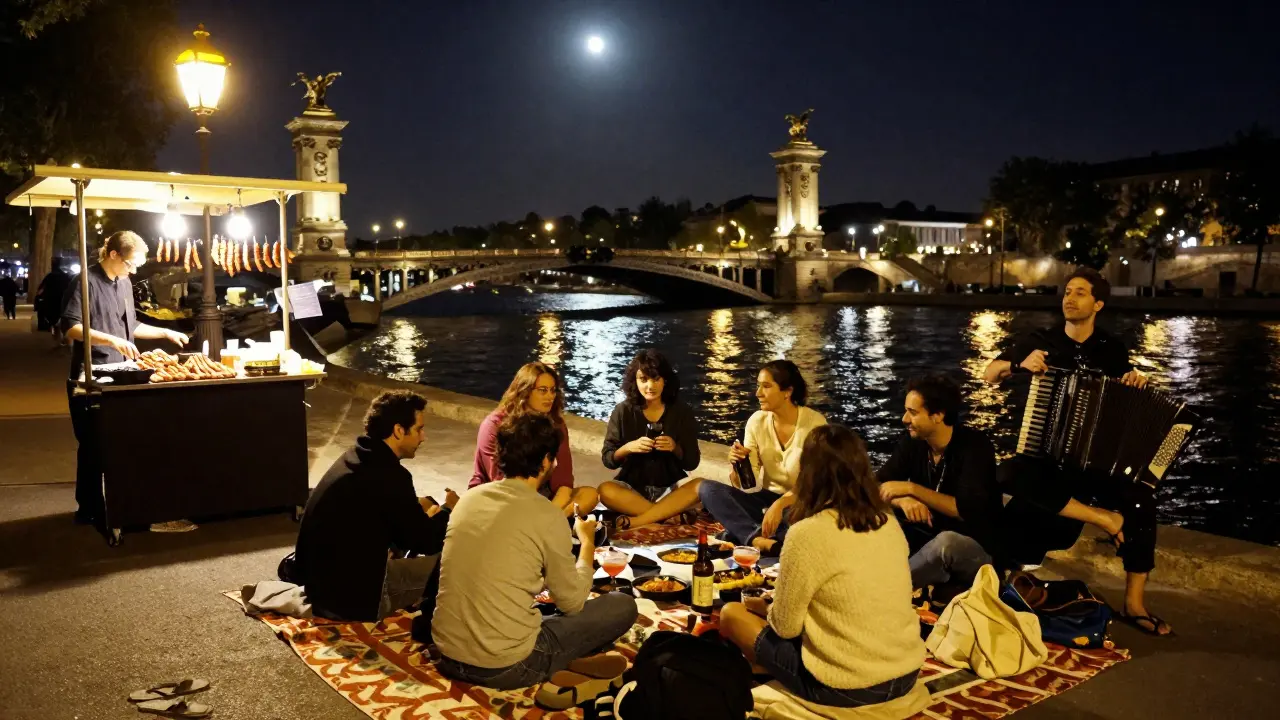 Friends picnicking by the Seine at night, street vendor selling food, accordion player under bridge with city reflections.