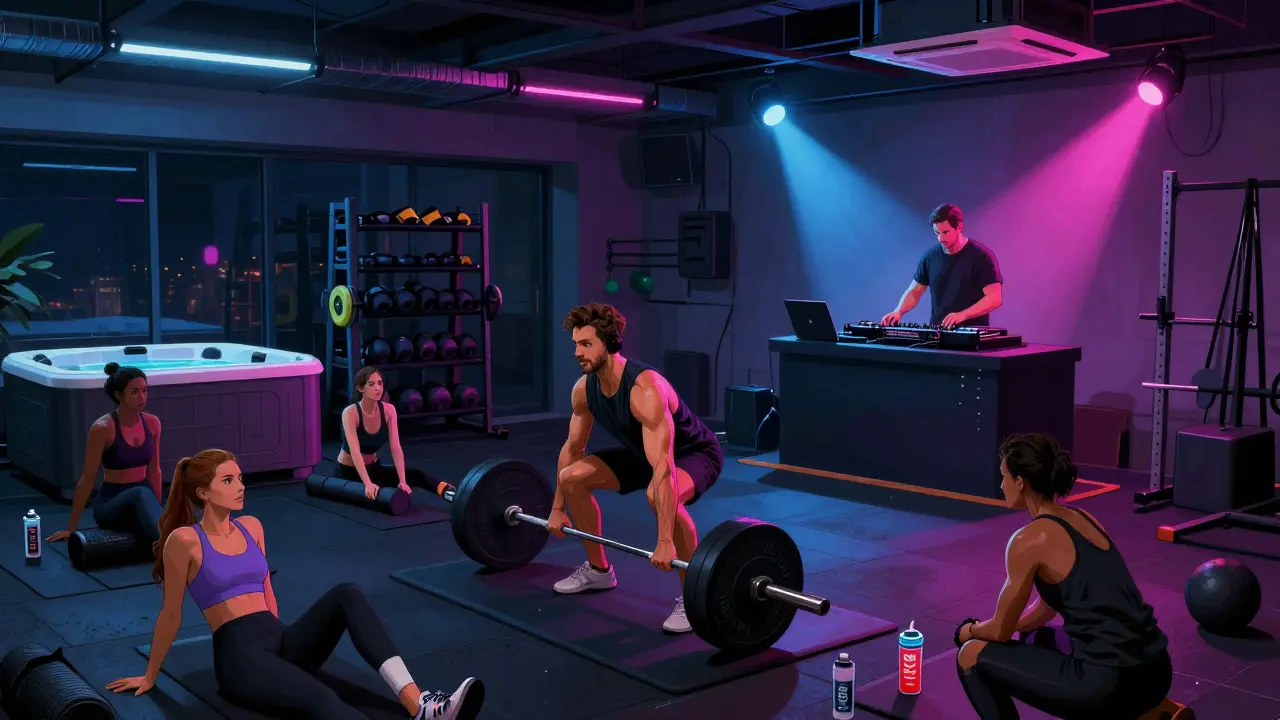 Hybrid gym and nightclub scene with someone lifting weights as a DJ spins nearby, others recovering with foam rollers.