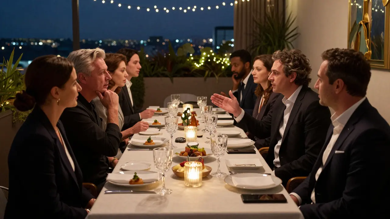 International guests enjoy a quiet rooftop dinner in Milan, overlooking the Duomo with elegant companions.