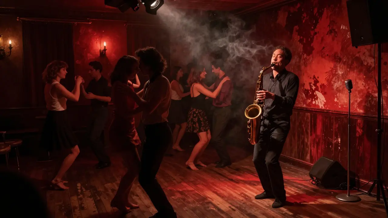 Intimate jazz club with dim red lights, dancers moving to live saxophone music under smoke-filled air.
