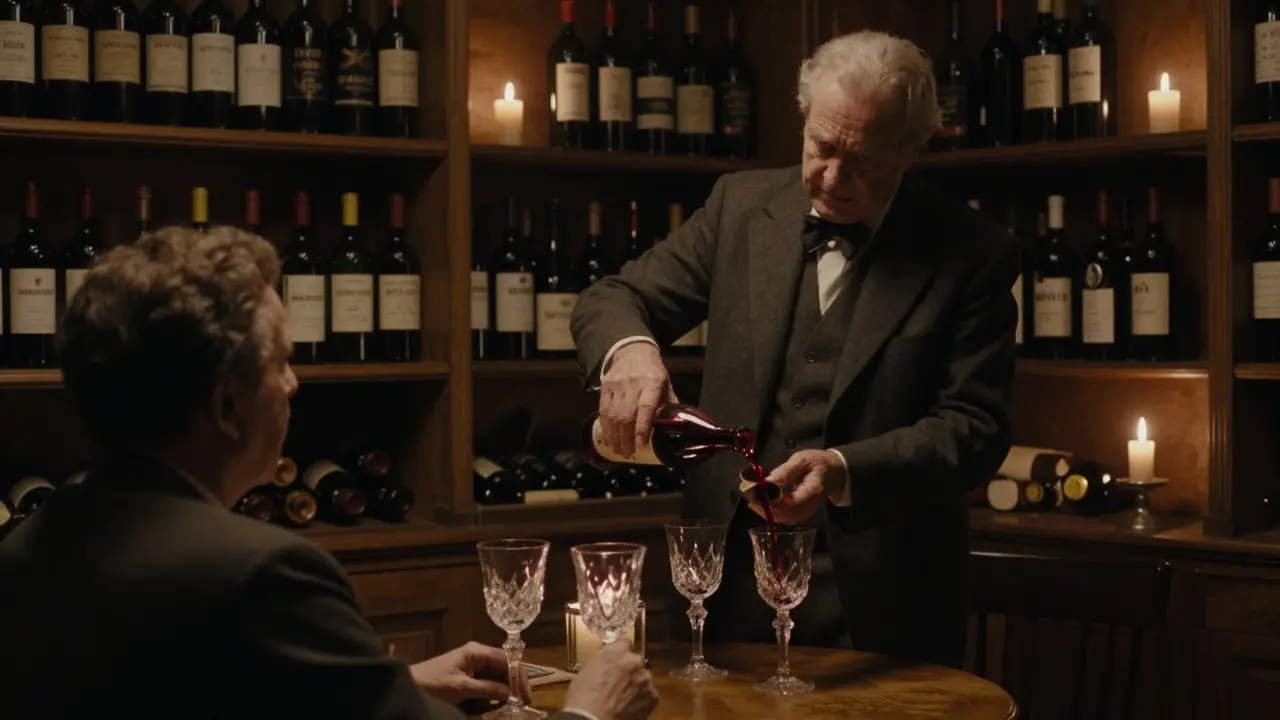 Intimate wine cellar lounge with candlelight and rare bottles