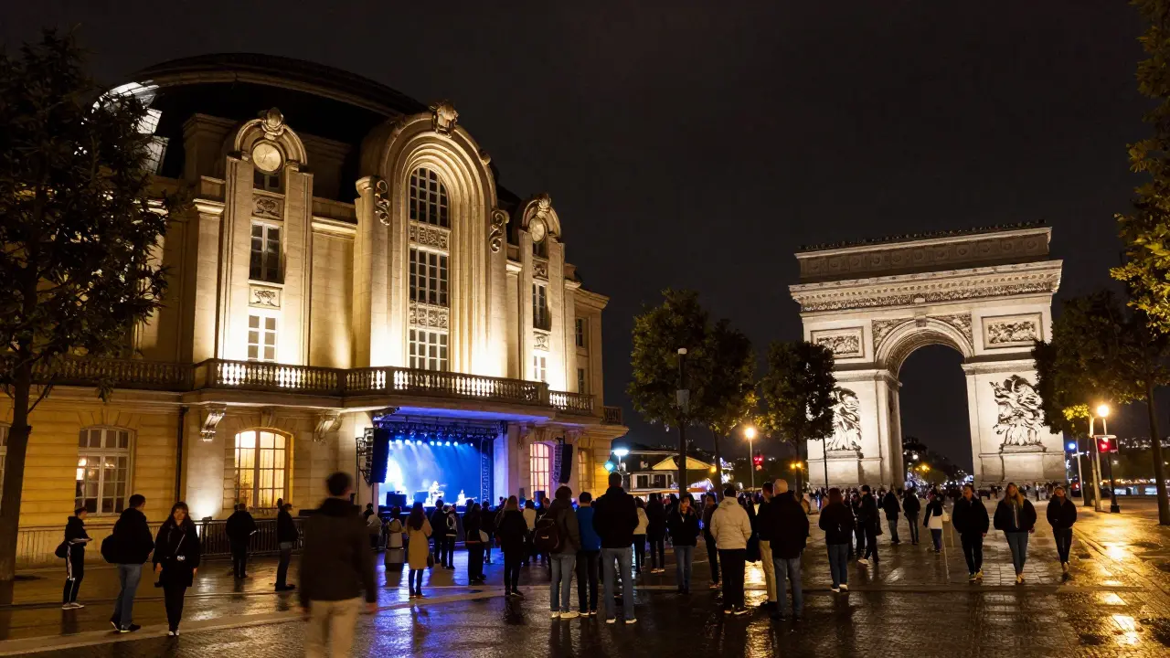 Le Trianon art deco exterior with Arc de Triomphe view