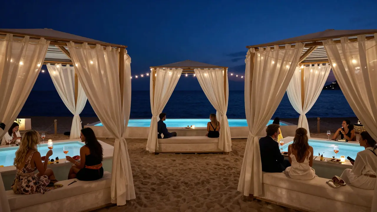 Moonlit beach club with cabanas, heated pools, and guests sipping rosé under string lights at night.