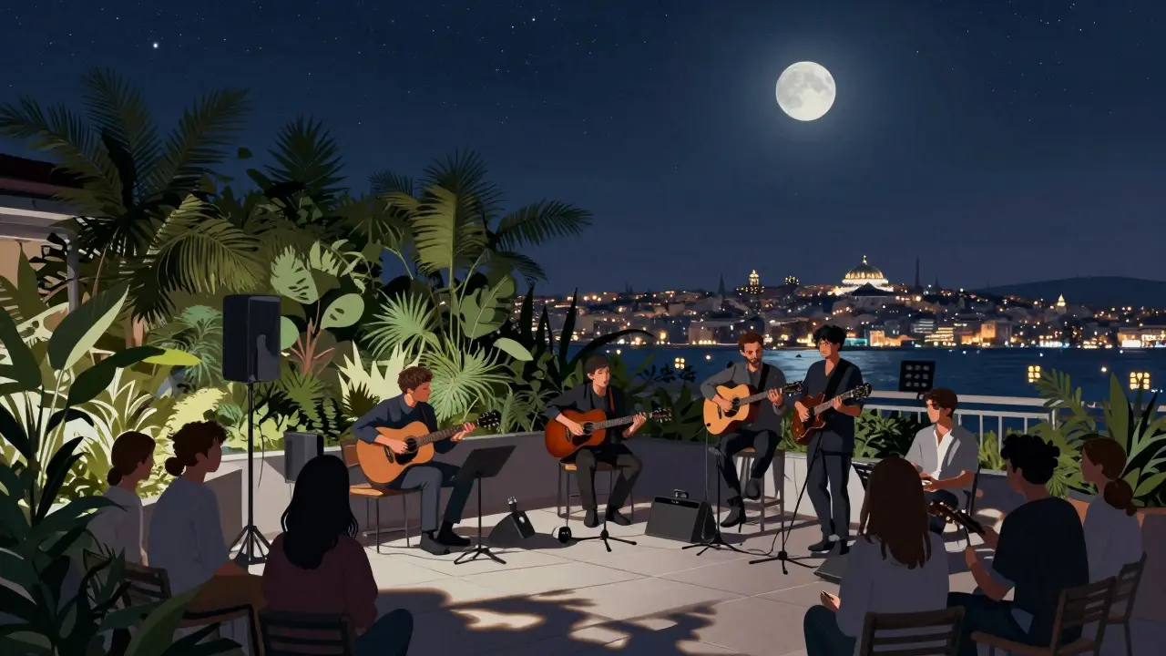 Nardis Jazz Club rooftop garden with acoustic musicians under stars