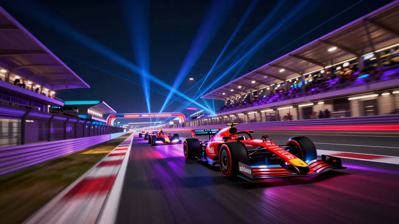 Night race at Yas Marina Circuit with neon lights and fast cars