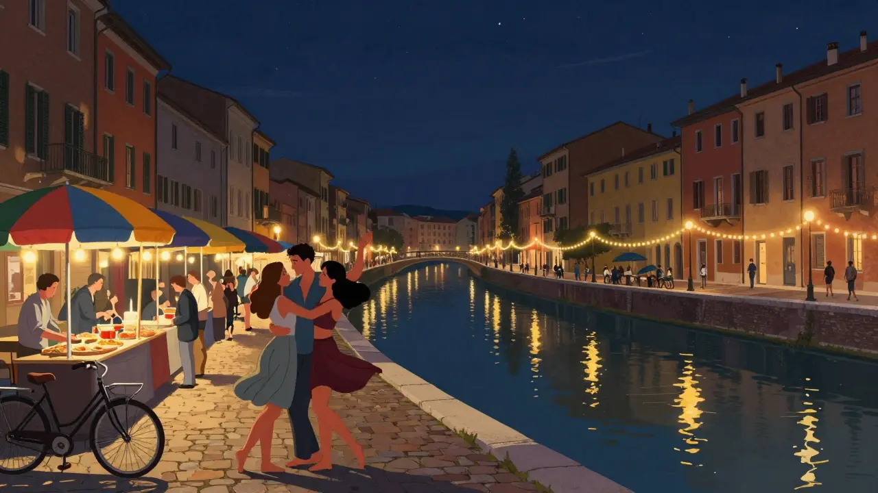 Nighttime scene in Navigli canal district with dancing, live music, and string lights reflecting on water.