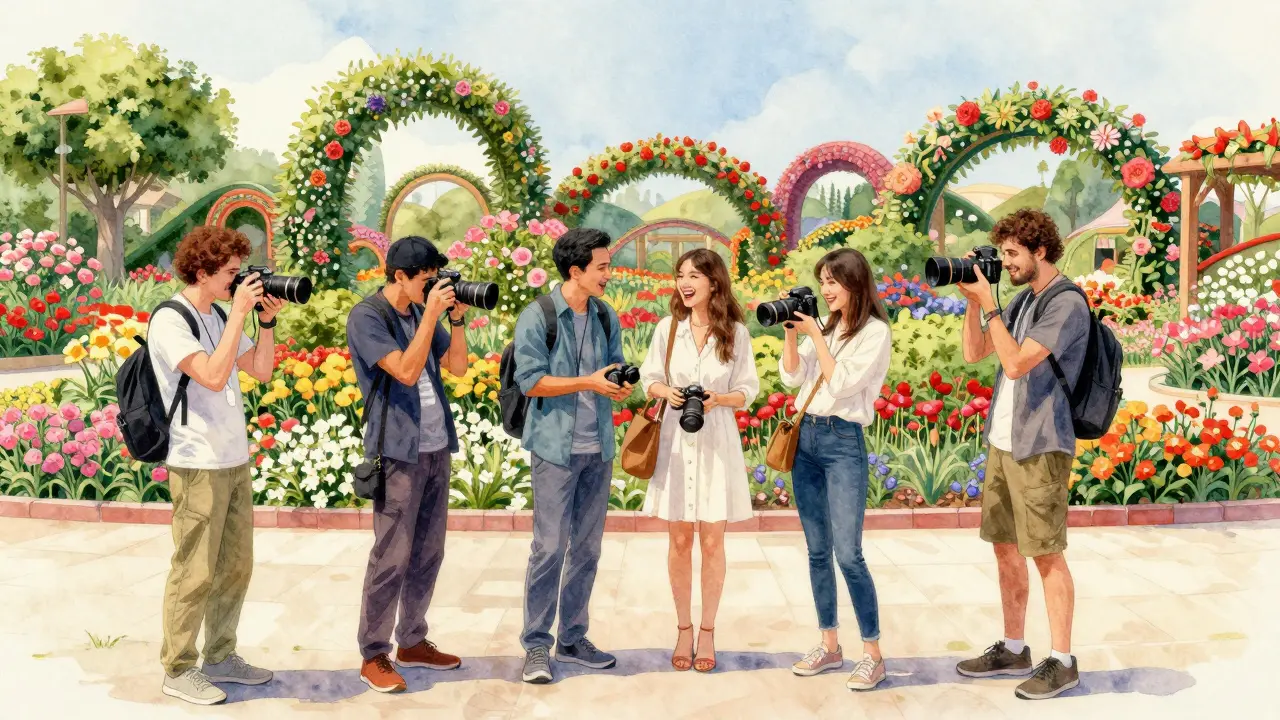 Photographers at Dubai Miracle Garden sharing techniques.