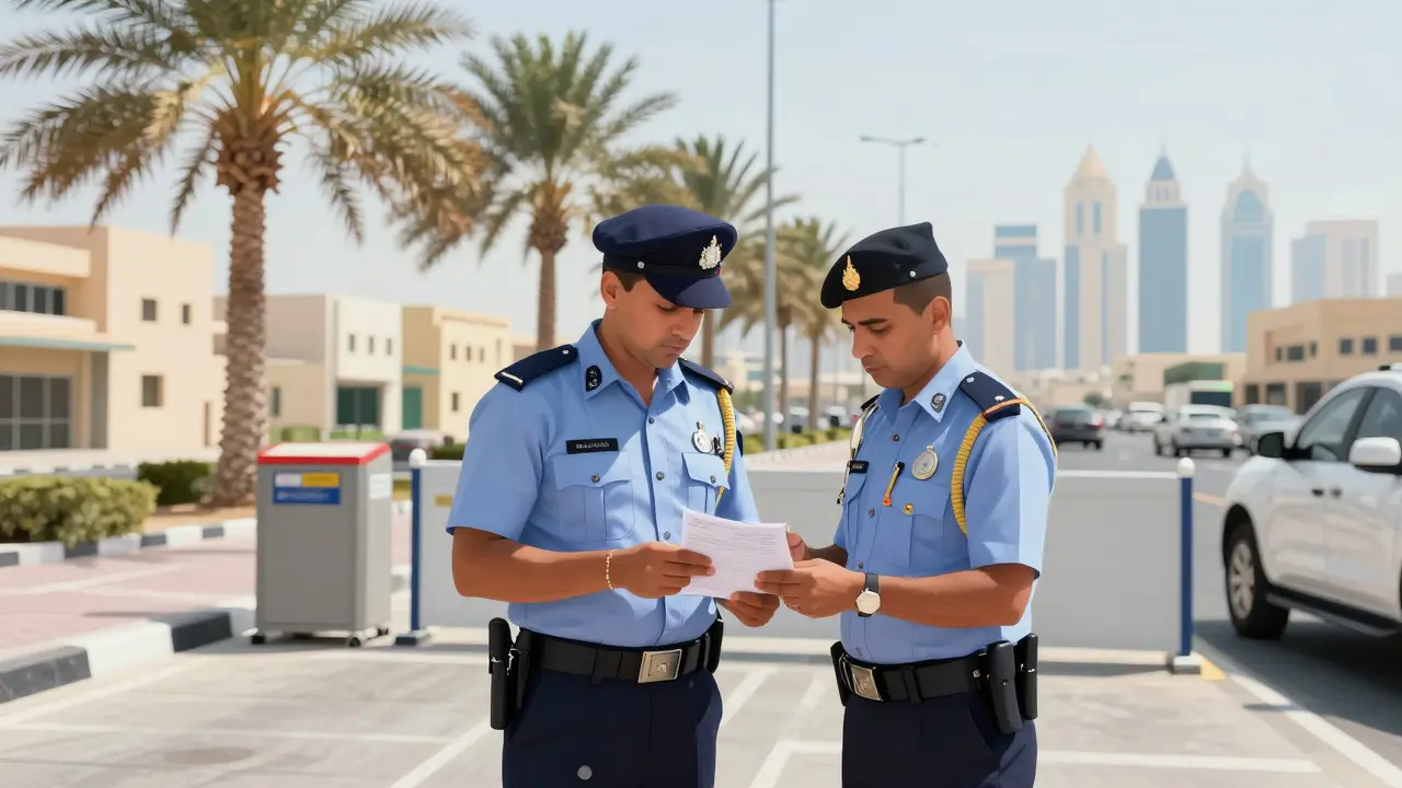 Police officer checking documents at Dubai checkpoint.