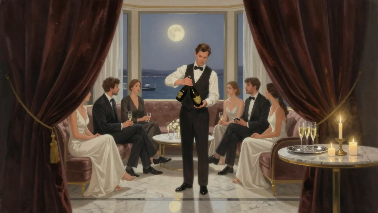 Private lounge at Yacht Club with a butler pouring champagne, velvet curtain, and marble surroundings.