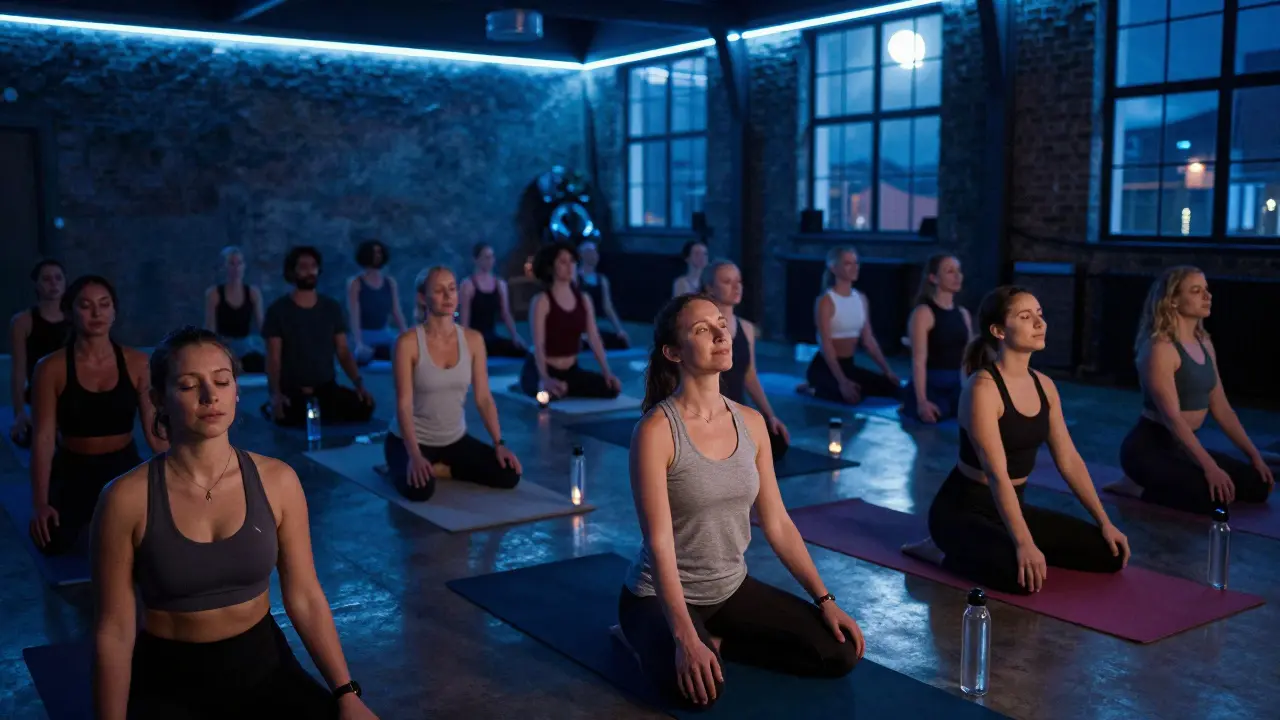 Quiet yoga session at night in a warehouse, people stretching in calm dim light with ambient music.
