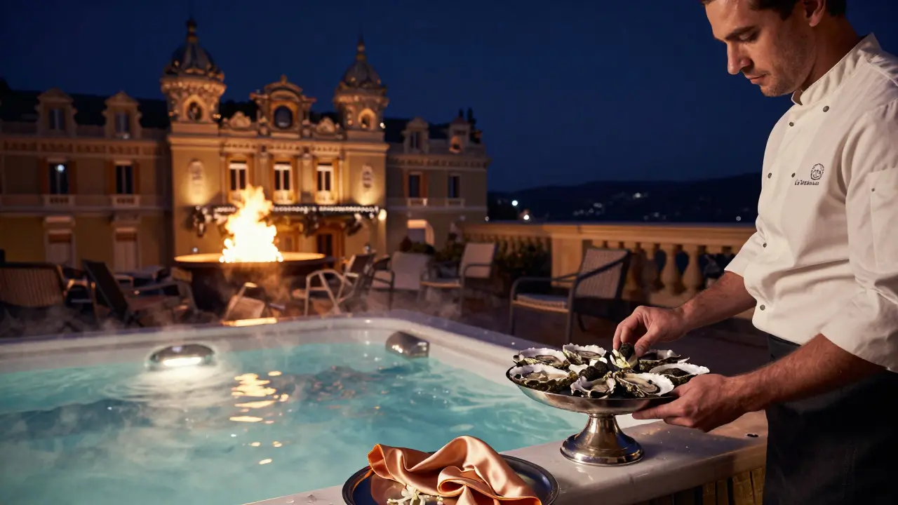 Secret rooftop terrace at Le Ciel with fire pit, Jacuzzi, and truffle oysters under a starry night sky.