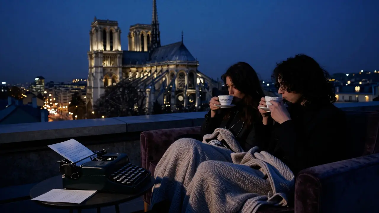 Silhouettes on a rooftop terrace at twilight, overlooking Notre-Dame with city lights below.