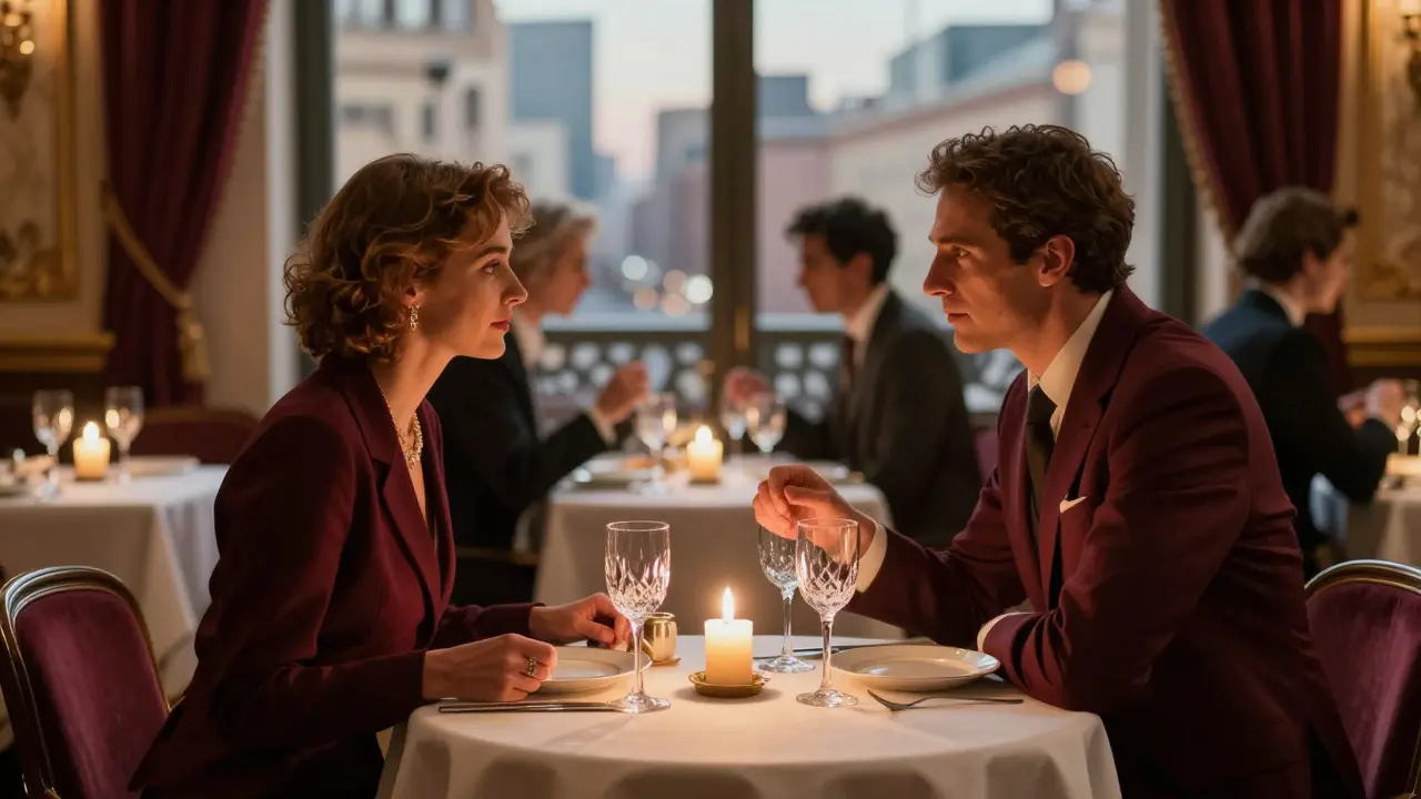 Two elegantly dressed people sharing candlelit dinner in Milan.