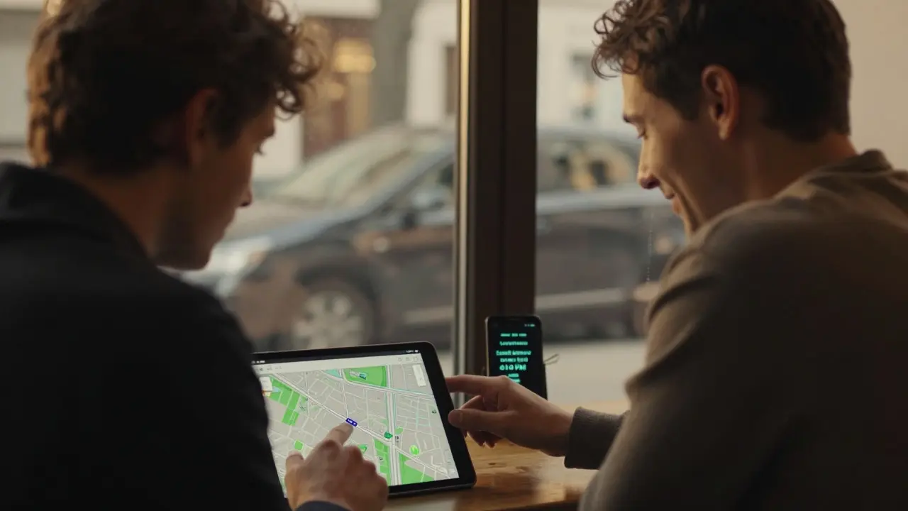 Two individuals at a Berlin café, one checking a real-time location-sharing map on a tablet, sharing a calm moment.