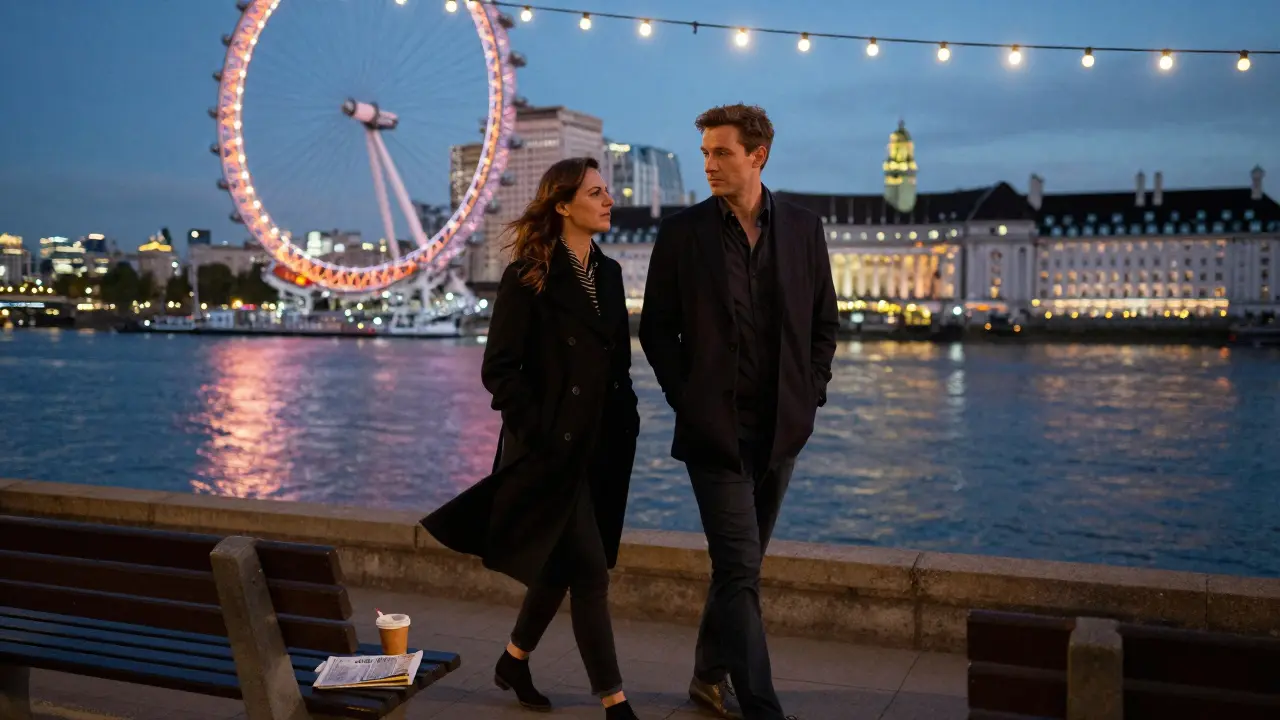 Two people walking along the Thames at night under string lights, the London Eye glowing in the distance.