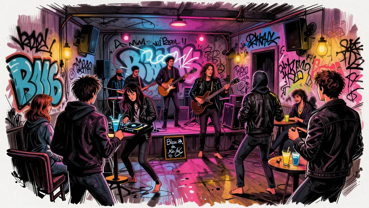 Vibrant underground venue with graffiti walls, punk band performing as diverse crowd dances on a sticky floor.