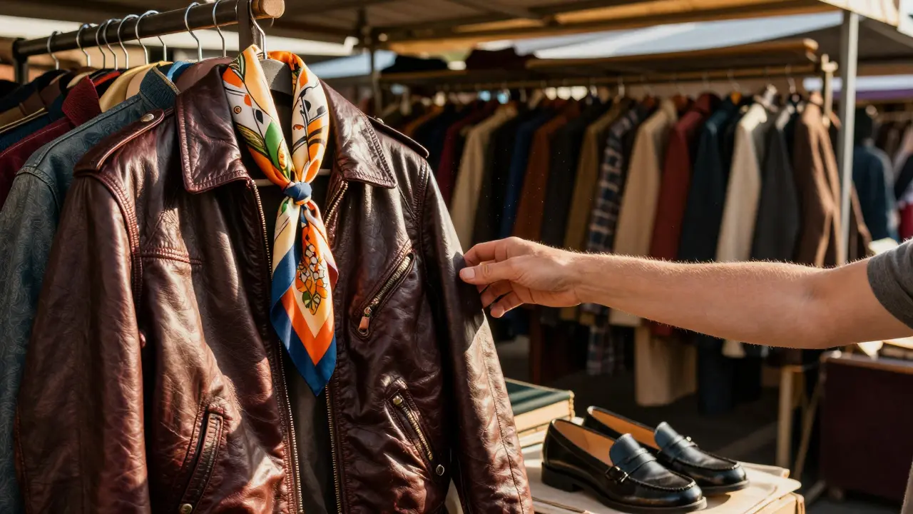 Vintage leather jacket and silk scarf displayed at a Paris flea market under golden light.