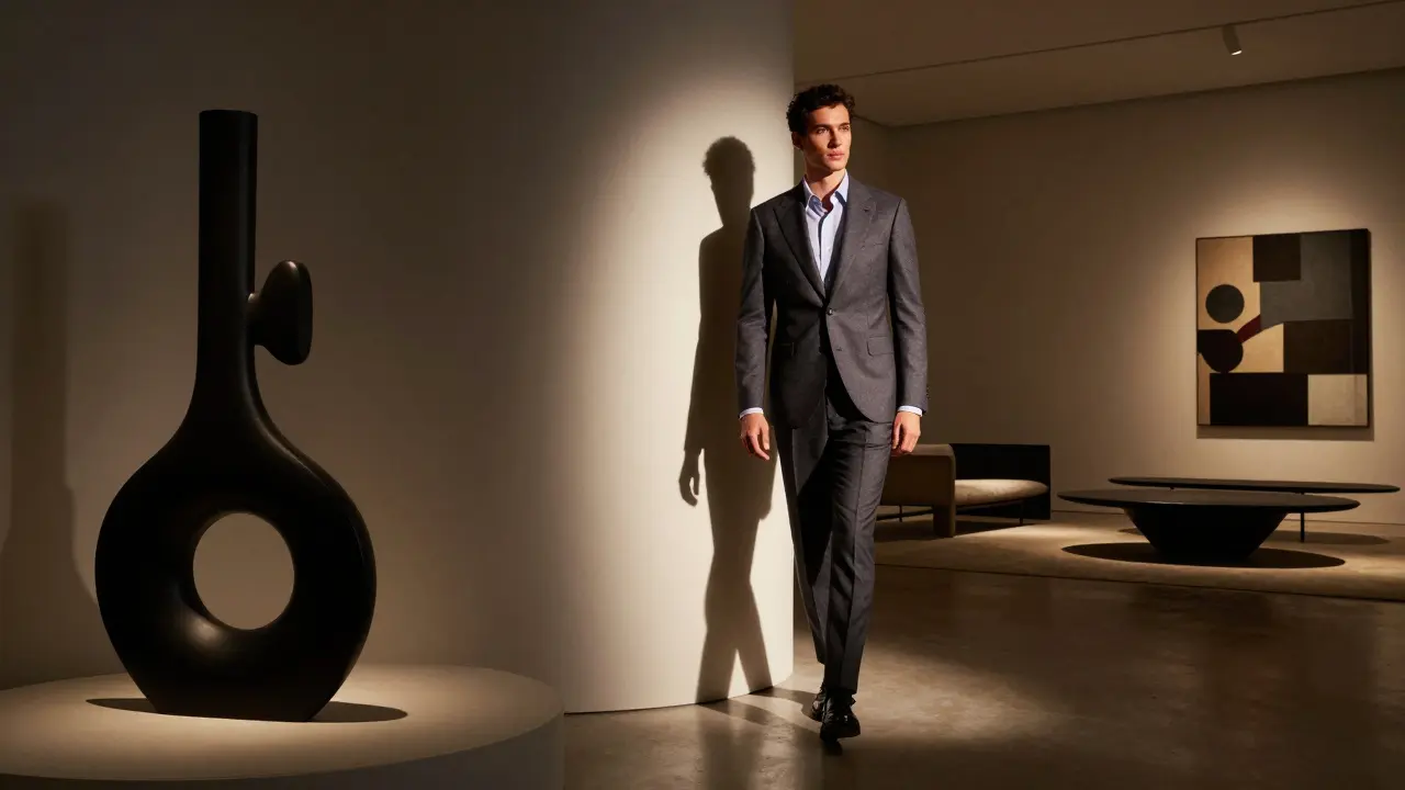 Well-dressed client in tailored suit entering a Milan design gallery with modern art