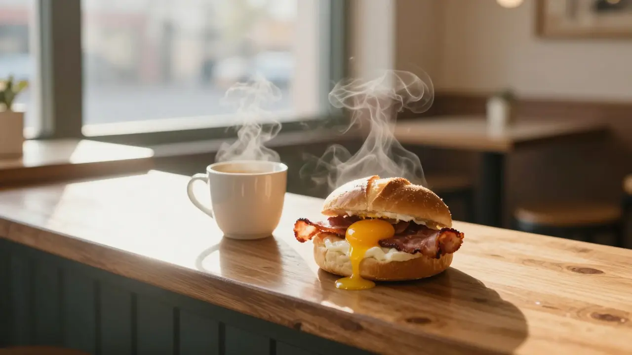 A bacon and egg brioche bun at Yard Sale in Dalston at dawn, yolk oozing onto a wooden counter.