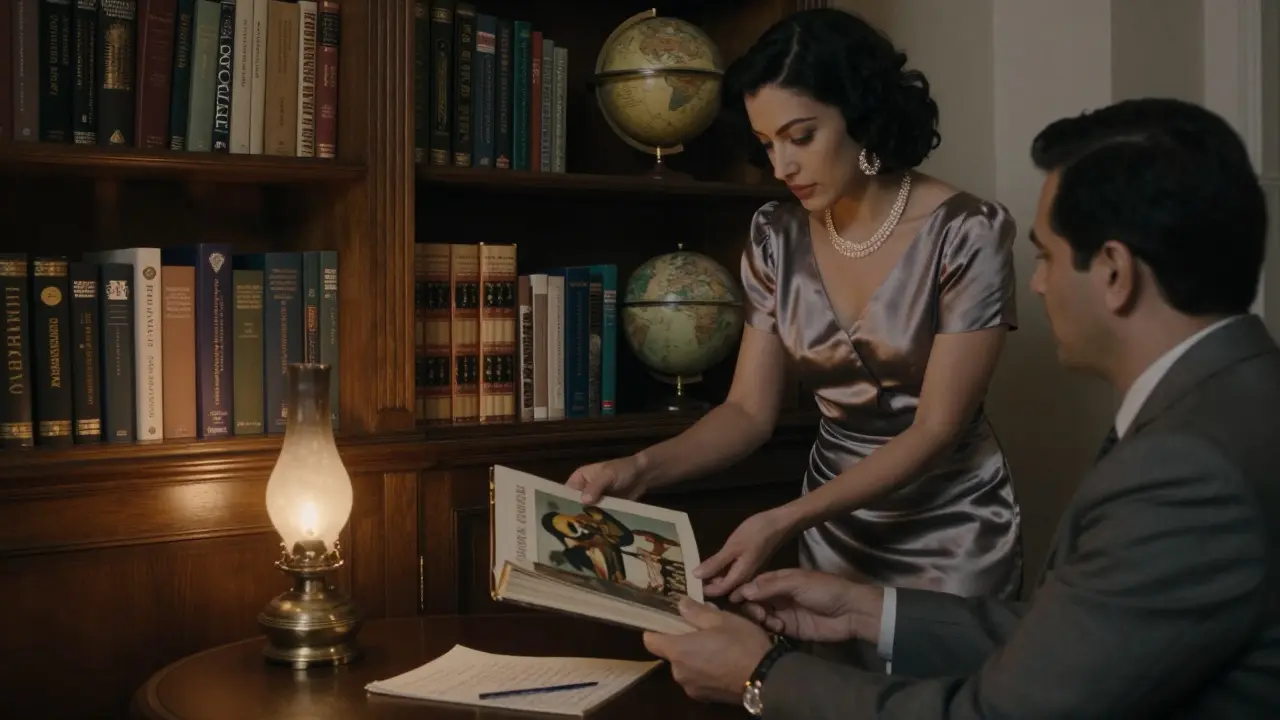 A companion handing a book to a client in a luxurious library, lit by warm lamplight with art books on shelves.