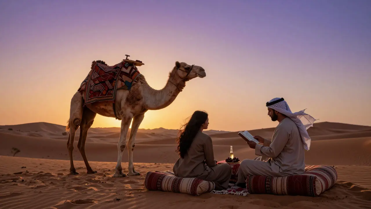 A couple in the desert at sunset, surrounded by dunes and stars, with a companion reading poetry nearby.