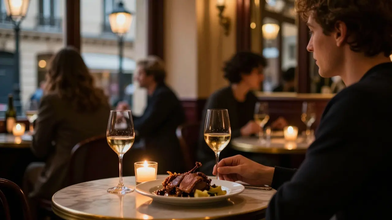 A couple shares dinner at a cozy Parisian bistro, candlelight glowing on duck confit and wine, warm interior ambiance.