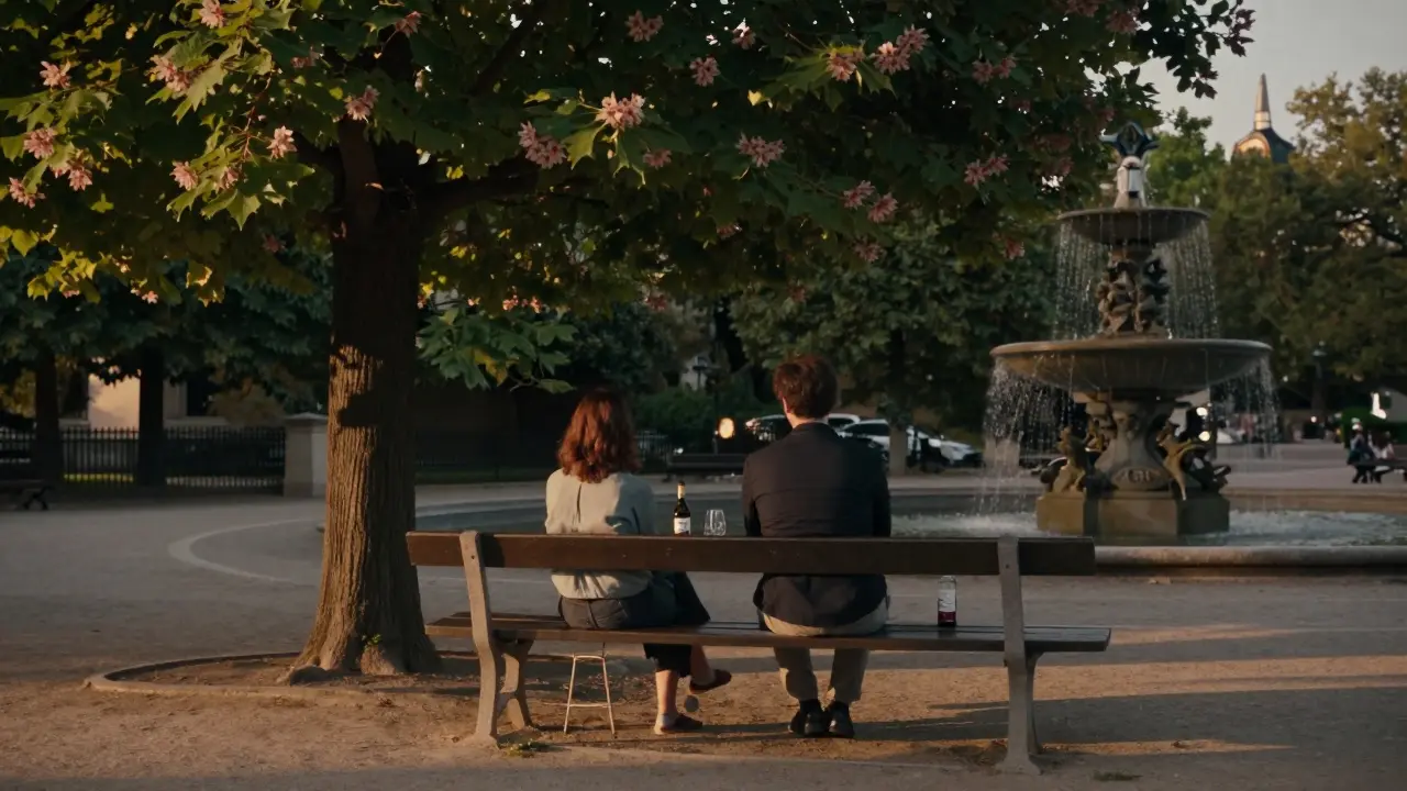 A couple sharing wine on a bench in Luxembourg Gardens at dusk, surrounded by chestnut trees and soft light.