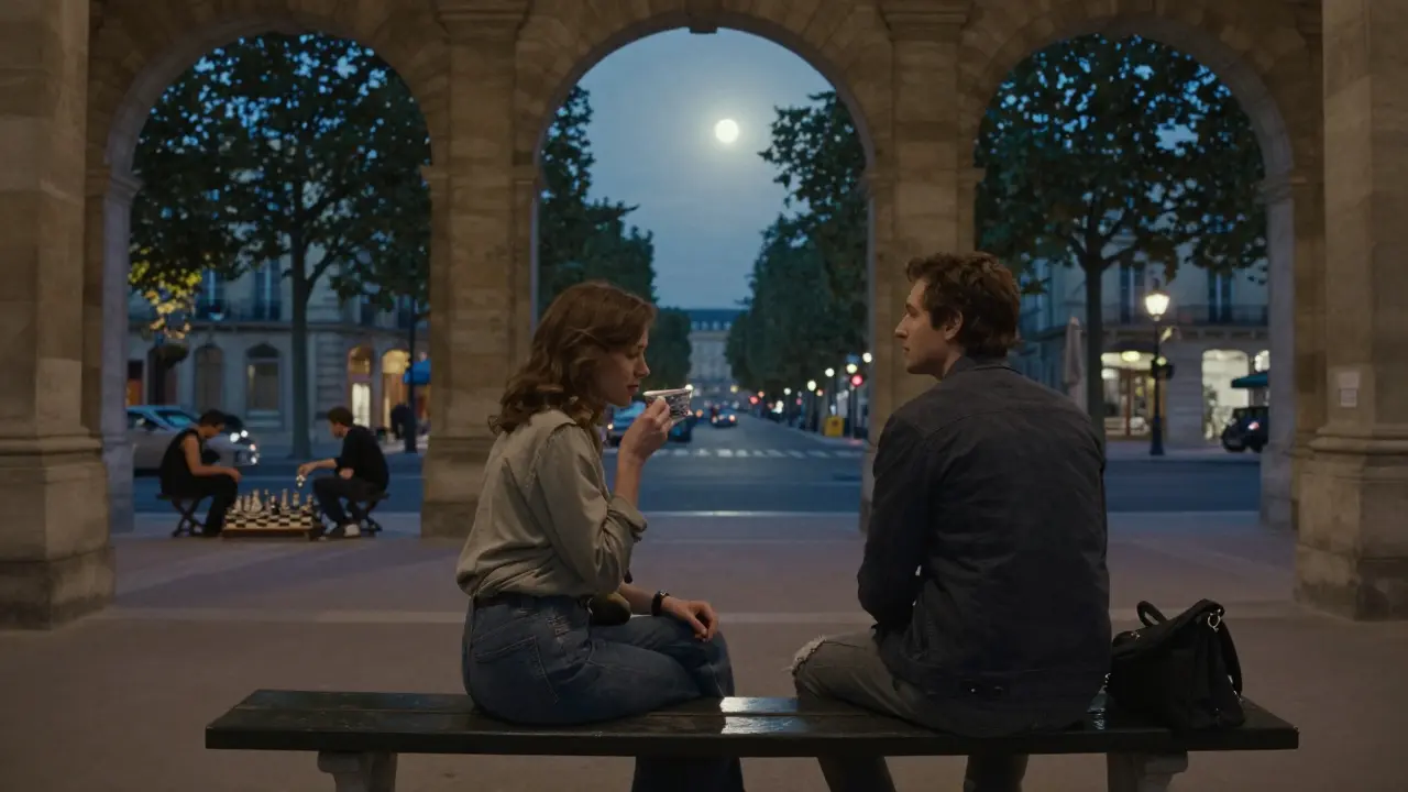 A couple sits quietly on a bench under Parisian arcades at twilight, locals playing chess nearby in the soft moonlight.