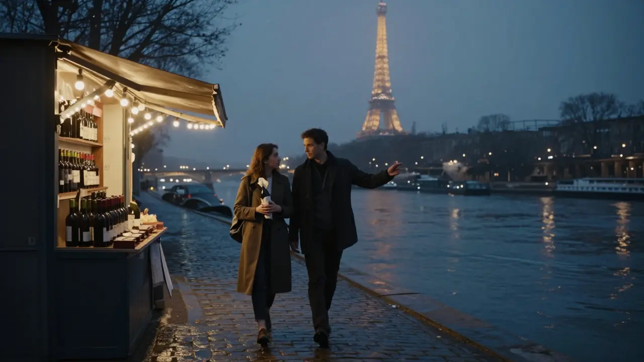 A couple walking along the Seine at midnight, holding wine, mist rising from the river under distant Eiffel Tower lights.