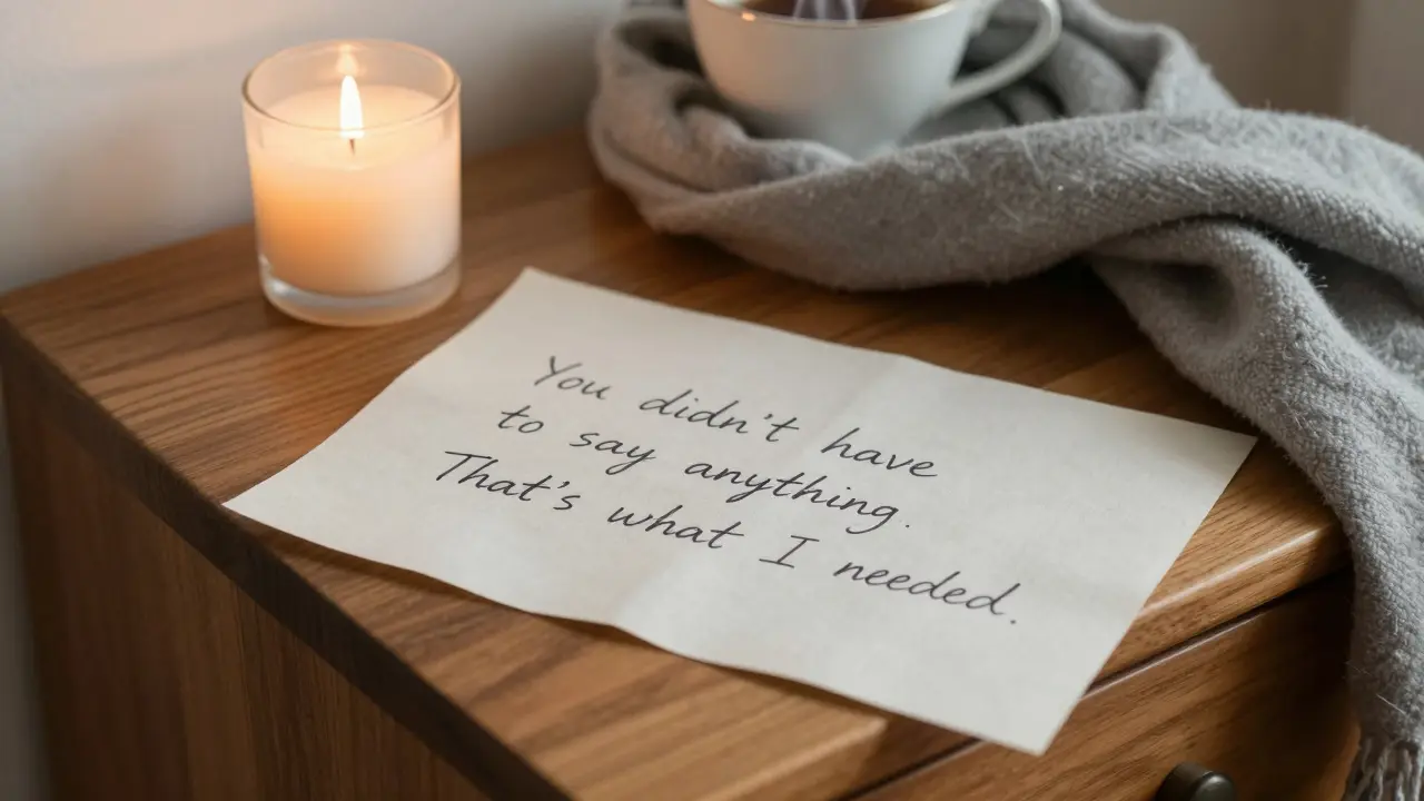 A handwritten note on linen beside a steaming teacup and candle, symbolizing unspoken understanding.