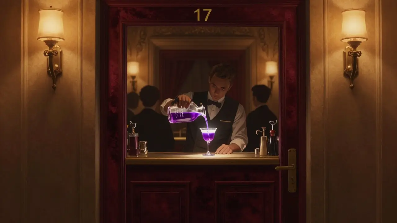 A hidden casino lounge with a bartender pouring a glowing cocktail in dim, velvet-lit silence.