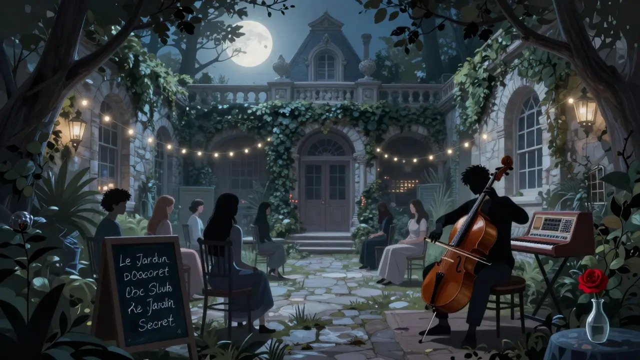A hidden garden club with live cello and synths, bathed in moonlight, patrons in quiet awe under string lights.