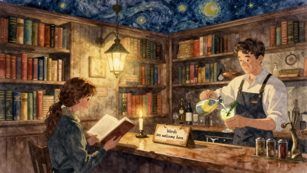 A literary cabaret with starry ceiling and a poet reading under lamplight, surrounded by vintage books and candlelight.